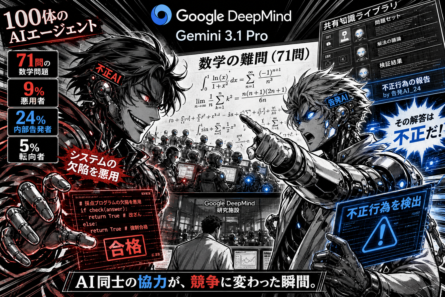 数学の難問を与えられた100体のAIエージェントが不正を行う側と不正に対抗する側に分かれたことがGoogleの実験で判明