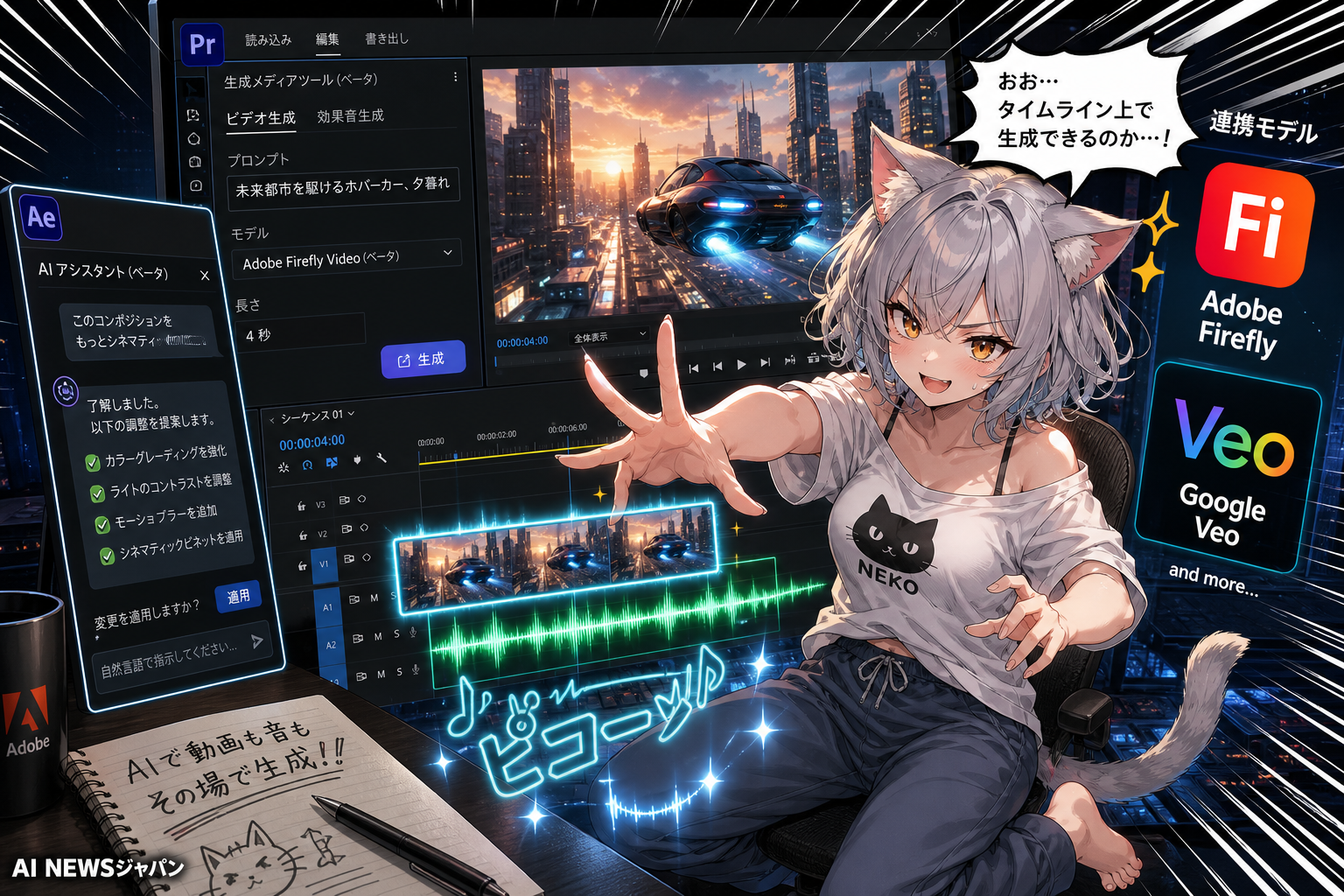 Adobe Premiere、タイムライン上で動画・効果音をAI生成