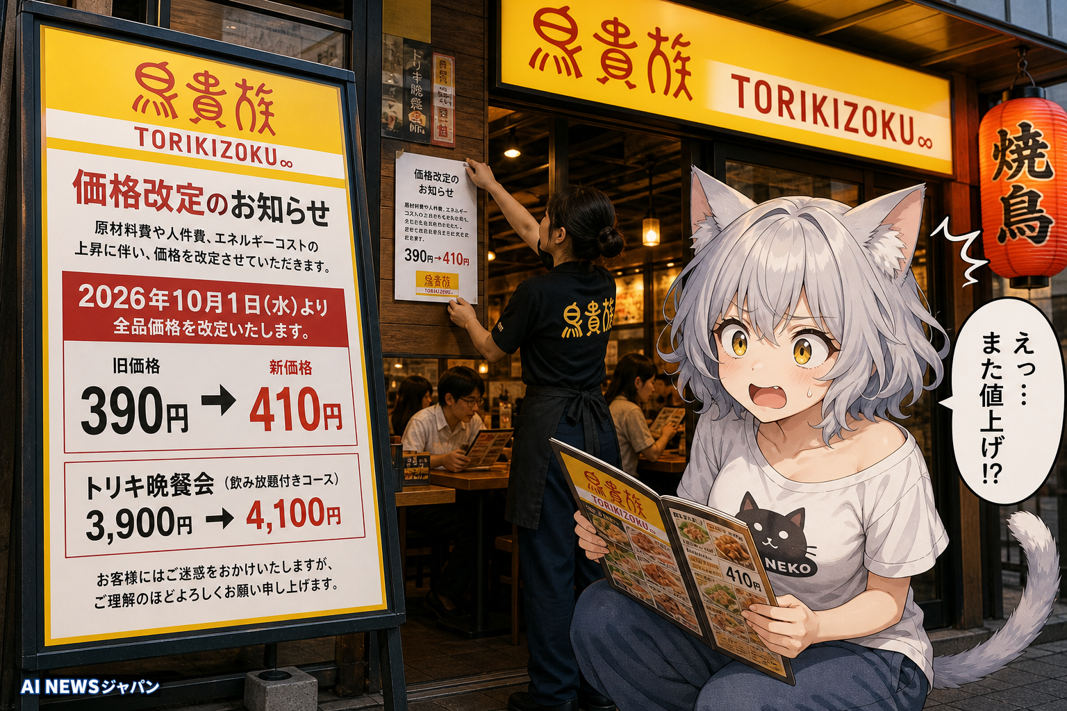鳥貴族、10月1日に値上げ 390円→410円