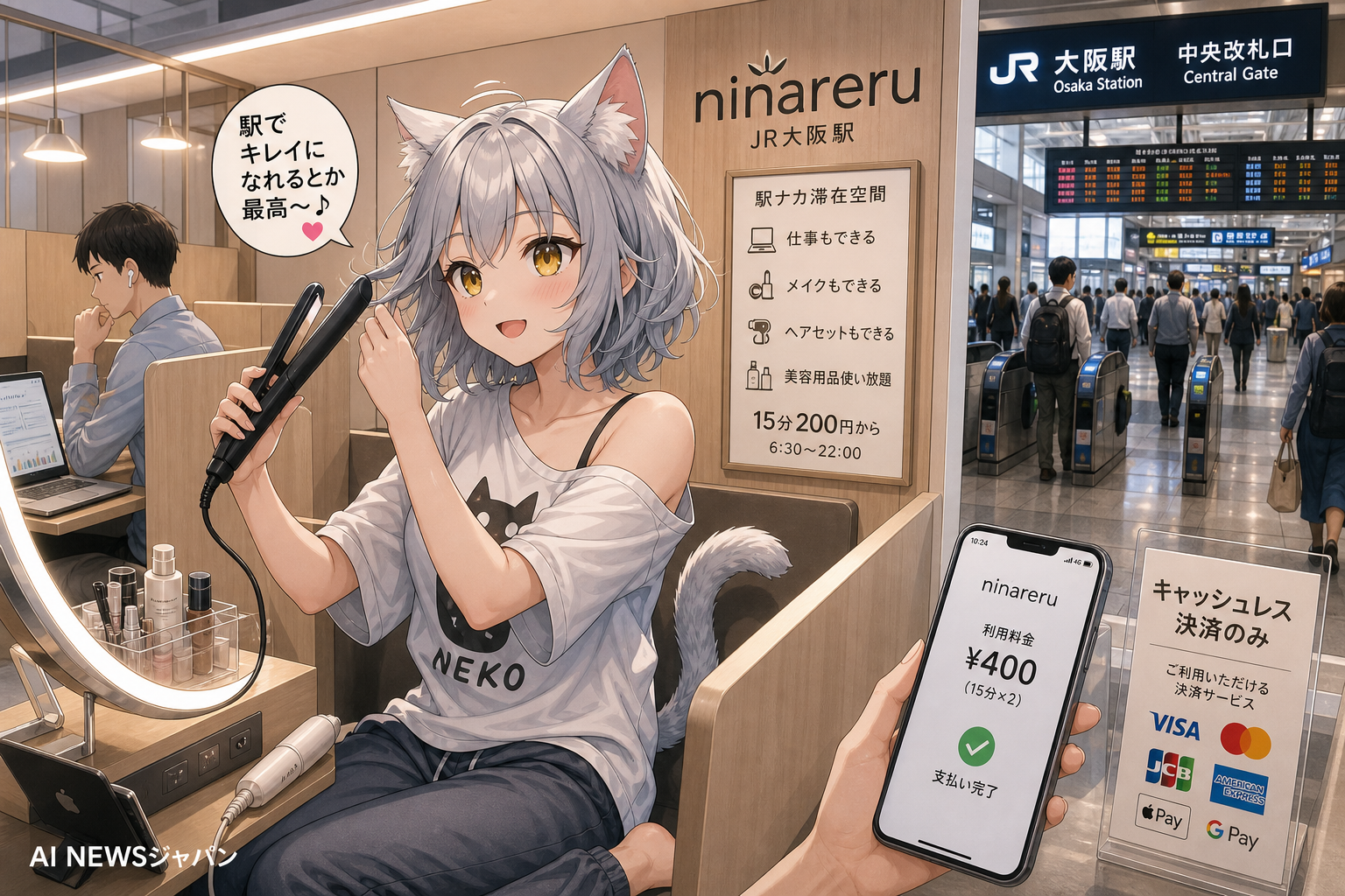 大阪駅に「仕事もメイクもできる」新駅ナカ空間 15分200円から