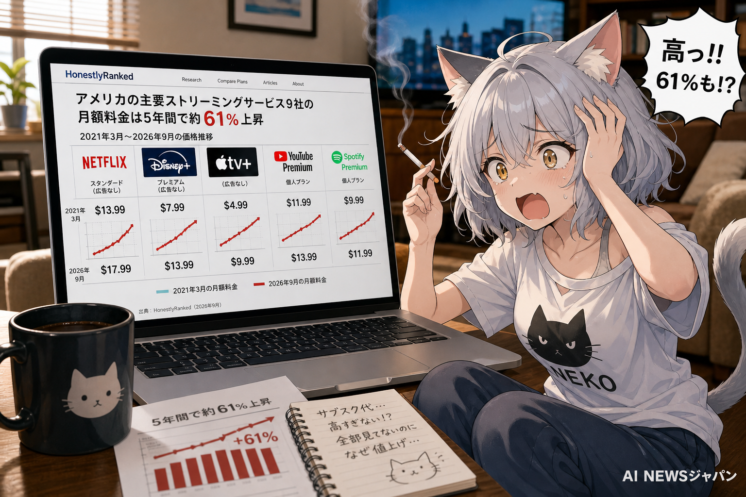 Netflix・Disney+・Apple TV+・YouTube Premium・Spotifyなどのサブスク料金は5年間でなんと61%も値上がりしている