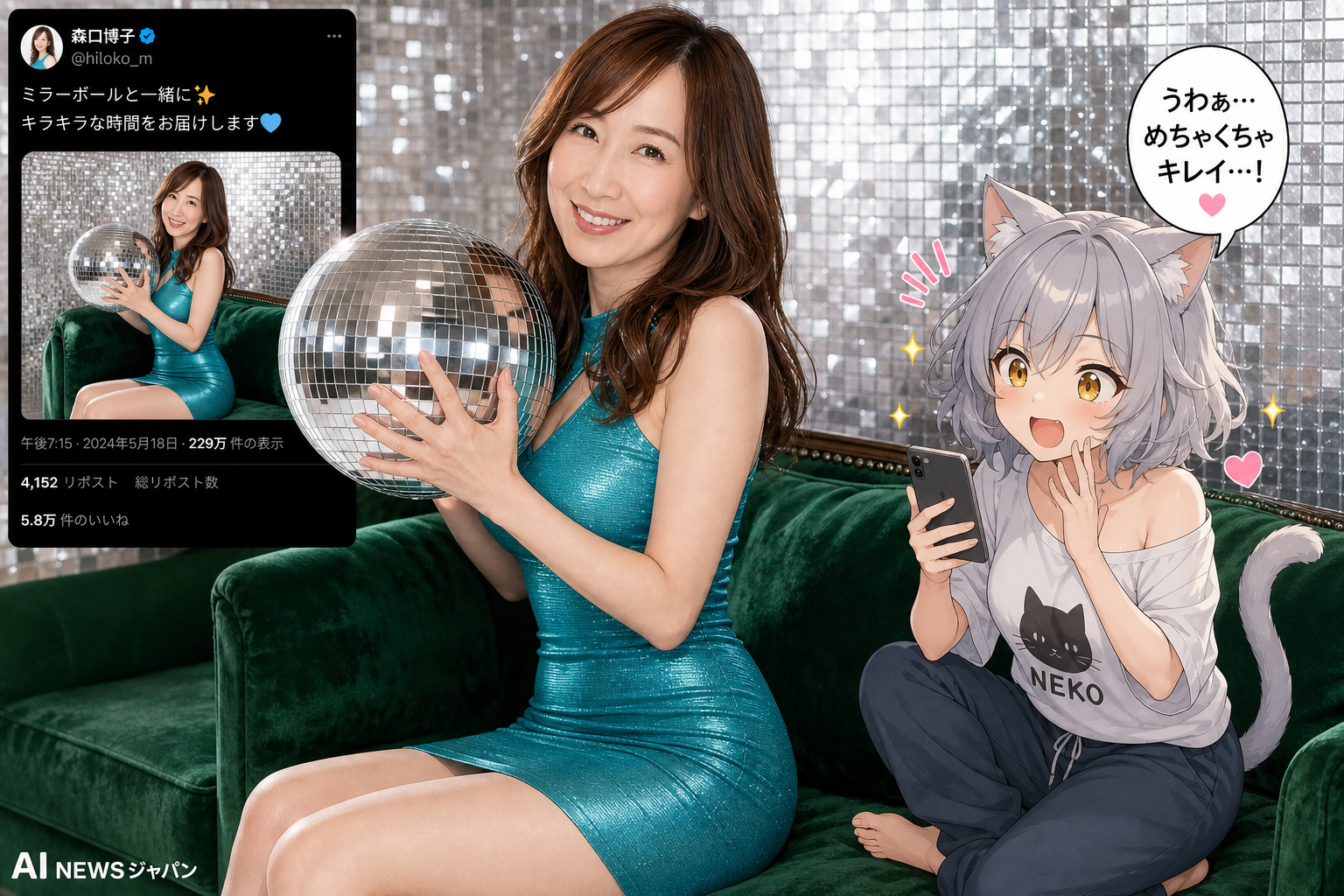 森口博子、青緑色ボディコン姿で銀色ミラーボール抱える写真を投稿し話題に