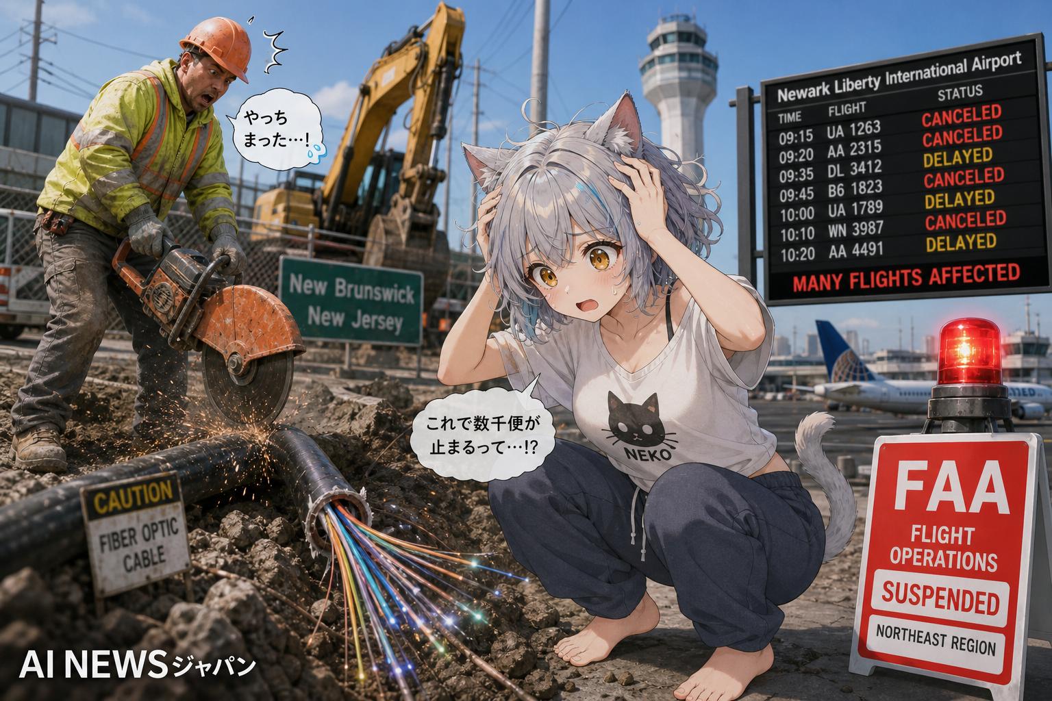 建設作業員がうっかり光ファイバーケーブルを切断したところ数千便のフライトが欠航・遅延する事態に
